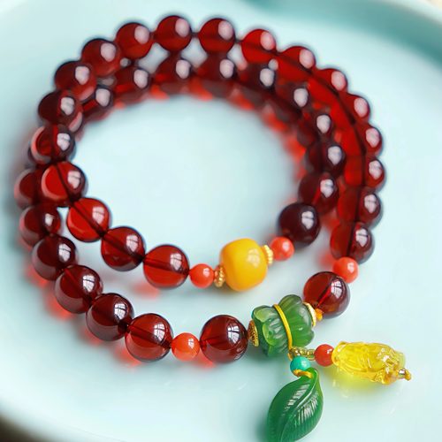 天然血珀多圈手链配南红玛瑙