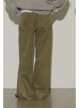 韩国代购橄榄绿灯芯绒直筒阔腿裤秋冬松弛感条绒裤子小红书angkm