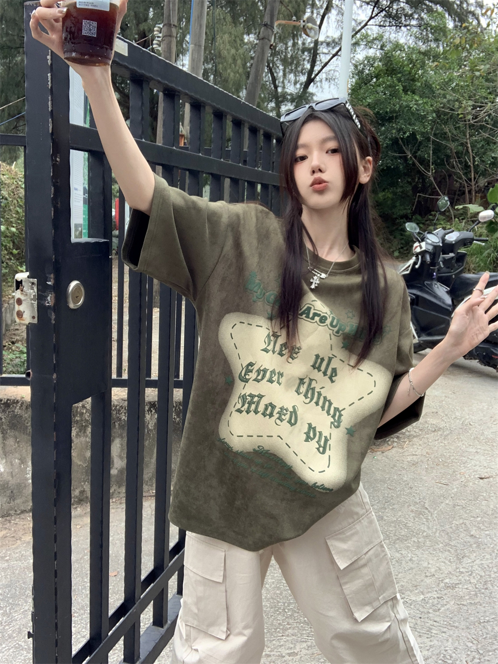 B2261-P45美式复古星星印花字母宽松百搭圆领短袖T恤上衣，男装T恤，星座1608