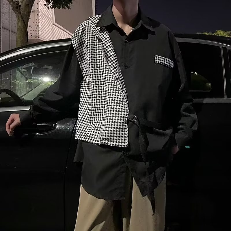V1803-P40千鸟格拼接假两件长袖衬衫男ins潮流个性百搭休闲衬衣,男装衬衫,星座1608