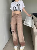 B2265-P55复古乞丐破洞牛仔裤新款高腰显瘦网红ins阔腿直筒长裤，男装牛仔裤，星座1608