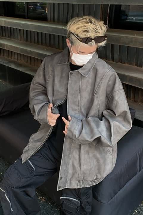 HY169-P65高街潮牌港风日系原宿风PU皮外套韩版潮流宽松夹克,男装夹克,星座1608