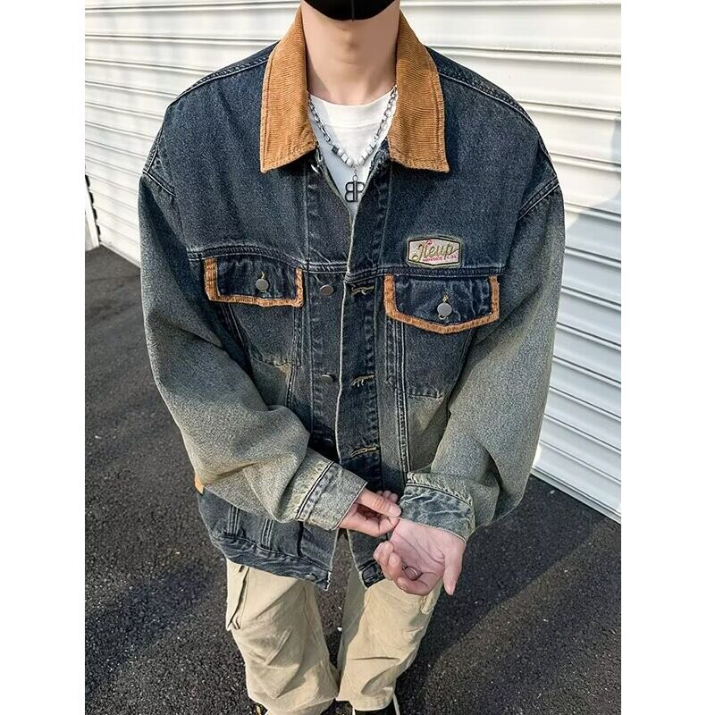 JX3573-P78牛仔美式复古做旧水洗拼接青少年牛仔外套机车夹克潮,男装夹克,星座1608