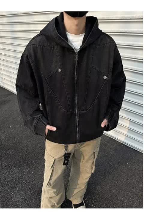 JX3577-P98新款小众重工解构做旧垫肩连帽牛仔外套美式宽松夹克,男装夹克,星座1608