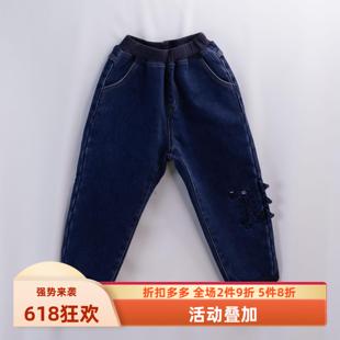 杰米熊品牌童装90-130秋冬款男童百搭加绒不褪色运动收口牛仔裤