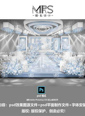 MRS法式蓝白色婚礼效果图1127小预算秀场风婚礼设计迎宾舞台背景