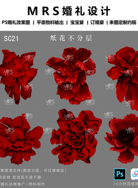 MRS红色大型纸花设计素材褶皱纸婚礼纸花道具ps手绘