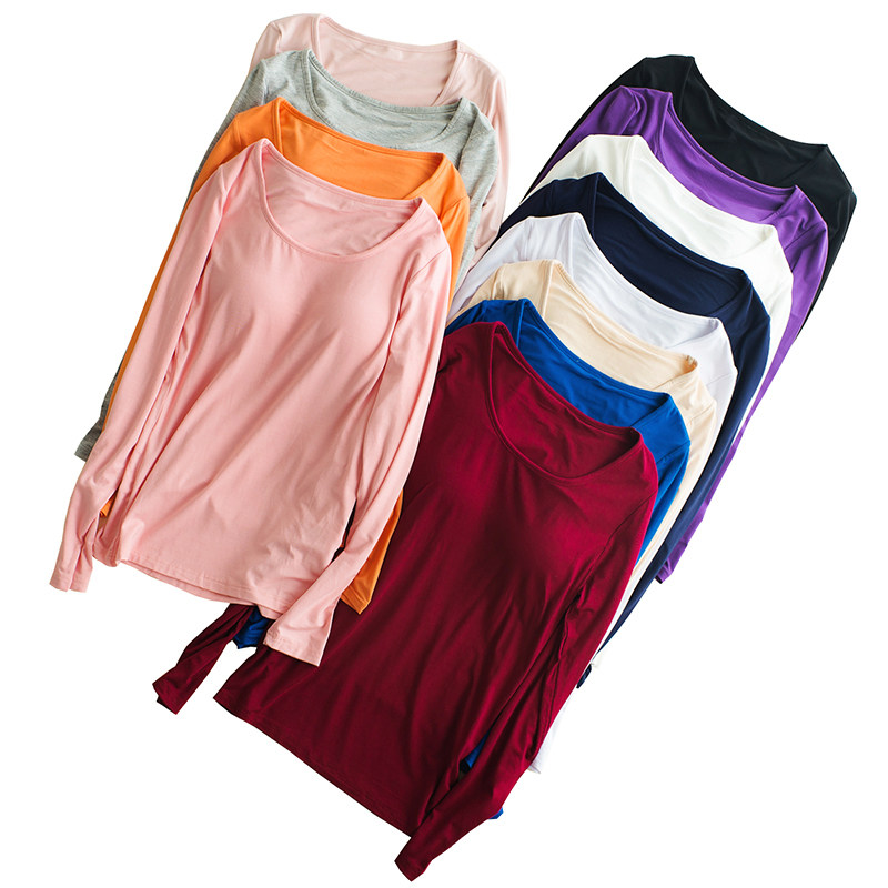 莫代尔带胸垫长袖t恤女纯色棉质免穿文胸罩杯一体打底衫睡衣秋冬