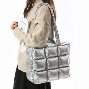 2025秋冬新款 太空羽绒包包亮面格子棉服包单肩包腋下包手提托特包