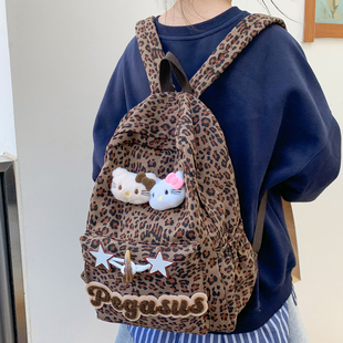 原创百搭小众学生上课书包复古KT双肩包可爱豹纹Y2K大容量背包