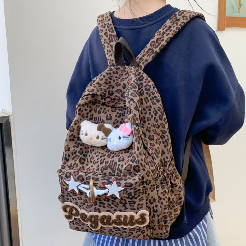 原创百搭小众学生上课书包复古KT双肩包可爱豹纹Y2K大容量背包