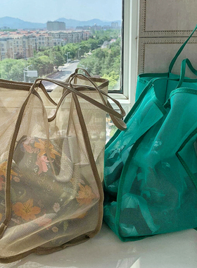 2025新款ins风透明网纱单肩挎包时尚轻便大容量百搭购物袋沙滩包