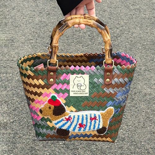 腊肠狗编织包菜篮子复古藤编手提包竹节草编包纯手工竹编包沙滩包