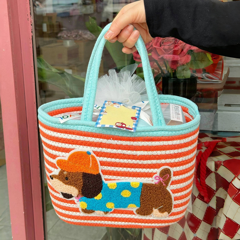 可爱腊肠狗刺绣编织手提包新款海边度假编织包森系单肩菜篮子包