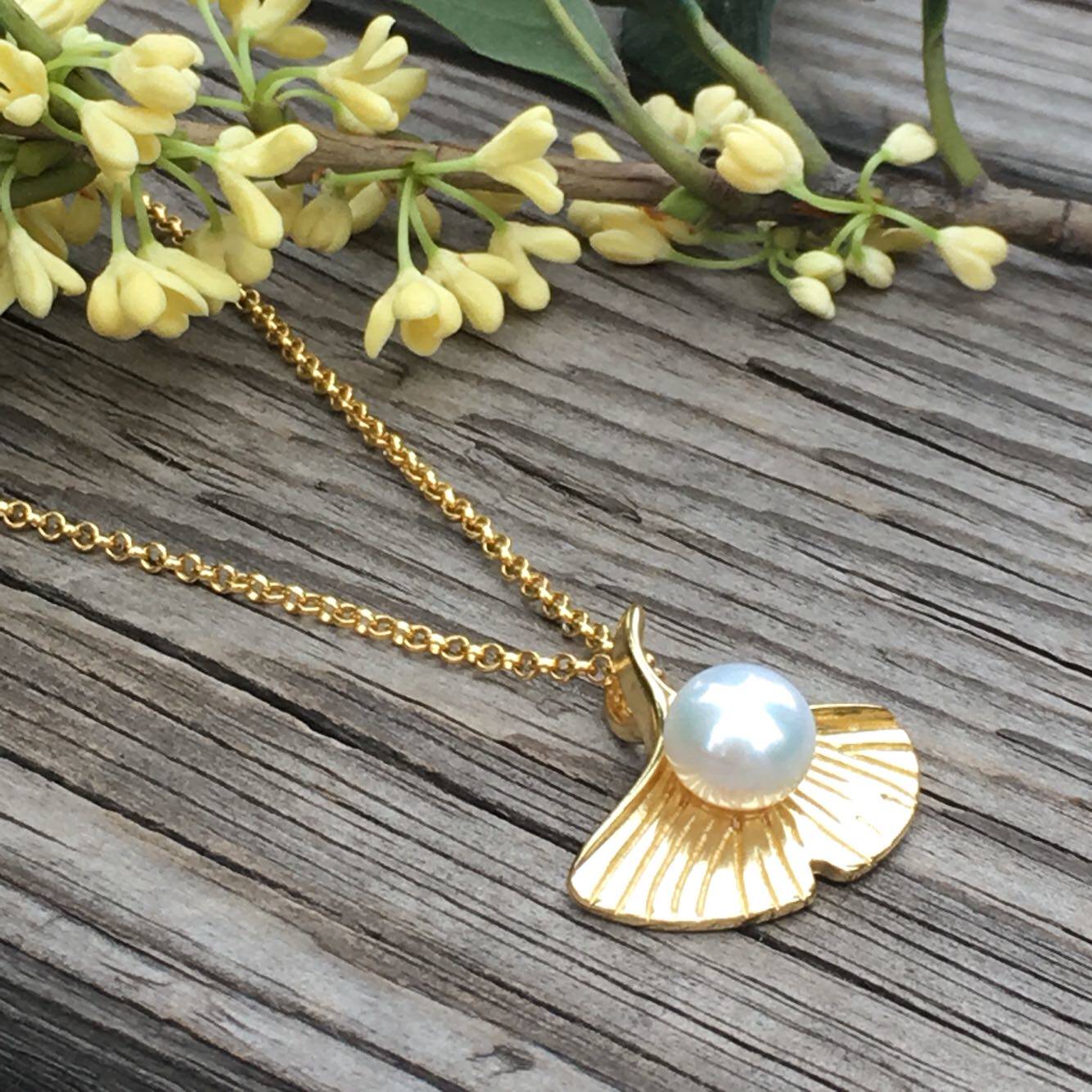 925纯银镀真金.银杏叶镶嵌天然珍珠项链.满百包邮!