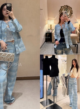 MU 莫奈莎/ 2026C 春新款 气质风 小香风蓝色外套+微喇裤套装女