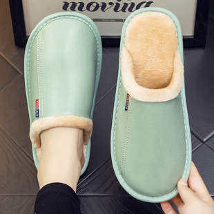 秋冬季家居拖鞋男女情侣室内居家真皮面防水防滑防臭加绒保暖棉拖