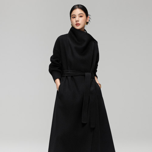 经典黑色双面羊绒羊毛大衣女长款