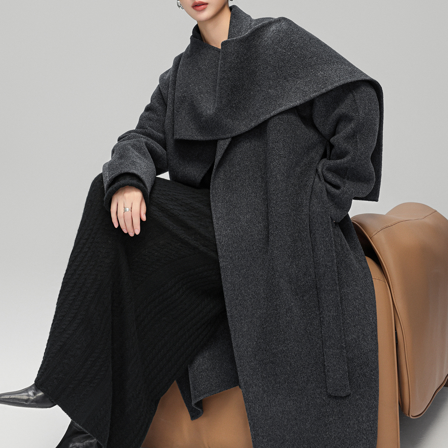 双面羊绒羊毛大衣长款灰色高级感