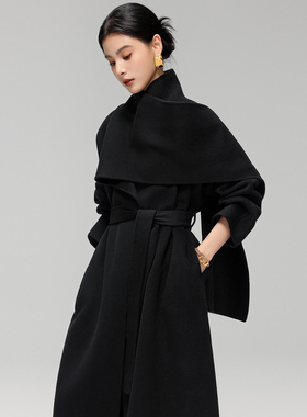 CHIIYEAR池也 黑色围巾领双面羊绒大衣女长款25冬新羊毛呢子外套