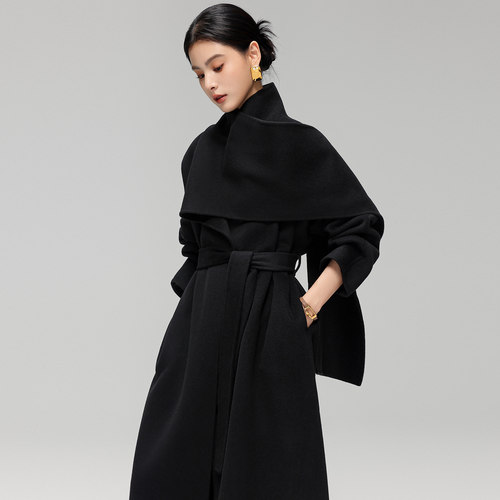 围巾领黑色双面羊毛羊绒大衣长款