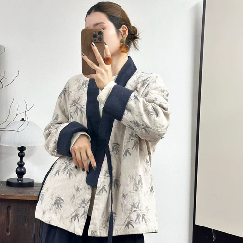 新中式高品质亚麻V领系带棉袄女