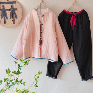 中国风棉麻绣花棉服女复古盘扣立领对襟棉衣冬中式厚棉服棉裤套装