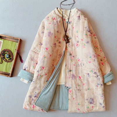 纯棉花双面穿印花中长款加厚棉袄