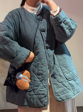 亚麻盘花设计款中长款夹棉棉袄冬