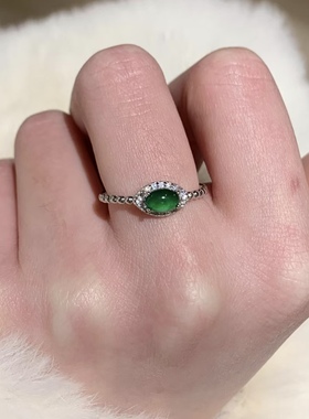 天然阳绿翡翠纯银戒指开口可调节