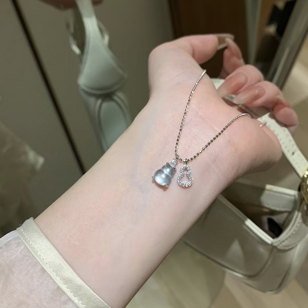 「白茶清欢」天然水沫玉轻奢双葫芦项链女925纯银吊坠新中式送礼