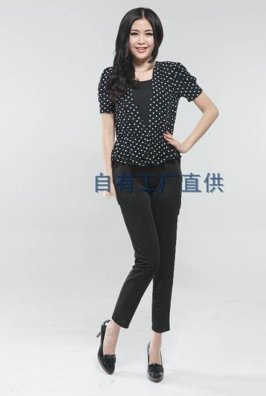 波点衬衫女2024修身短袖衬衣连体裤复古套头假V领连体裤清仓