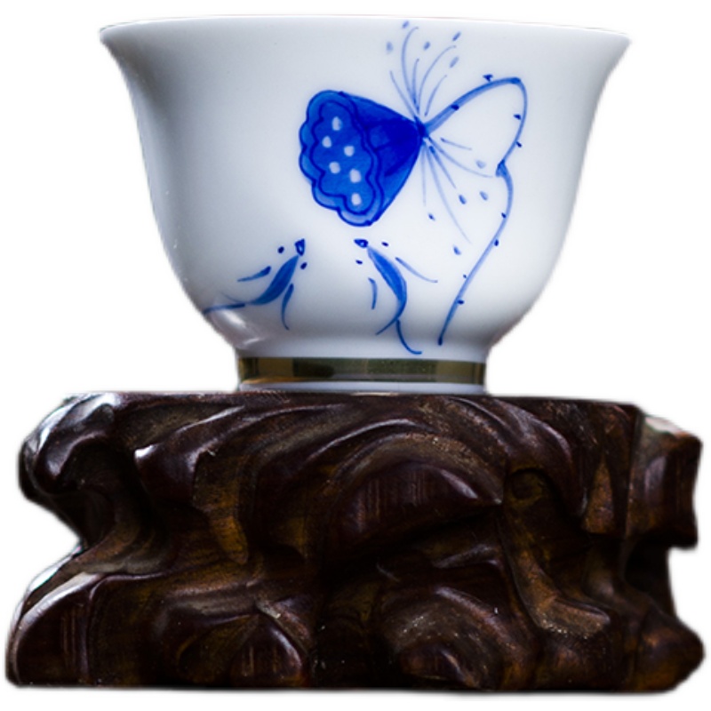 手绘功夫茶杯陶瓷带手柄单个青花瓷釉下彩薄胎瓷品茗杯中式纯手工