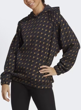 Adidas Logomania阿迪达斯满印Logo纯棉长袖连帽卫衣印花春秋女款
