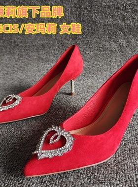 PRECIS/安玛莉正品断码瑕疵女鞋真皮细高跟红色浅口搭扣高级单鞋