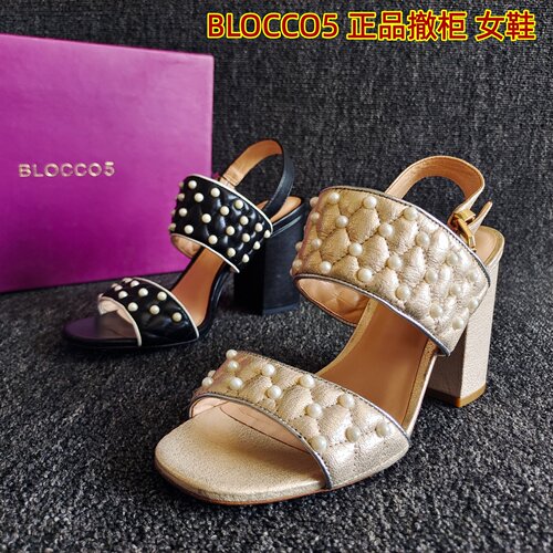 BLOCCO5正品羊皮粗跟小香风凉鞋