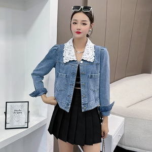 娃娃领短款牛仔外套女秋2023新款小个子学院风显瘦甜美牛仔女上衣