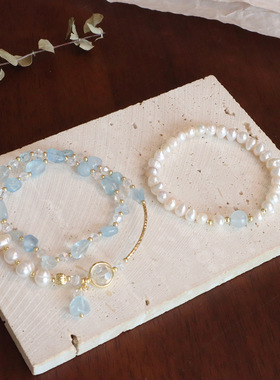 双层叠戴天然珍珠水晶设计感