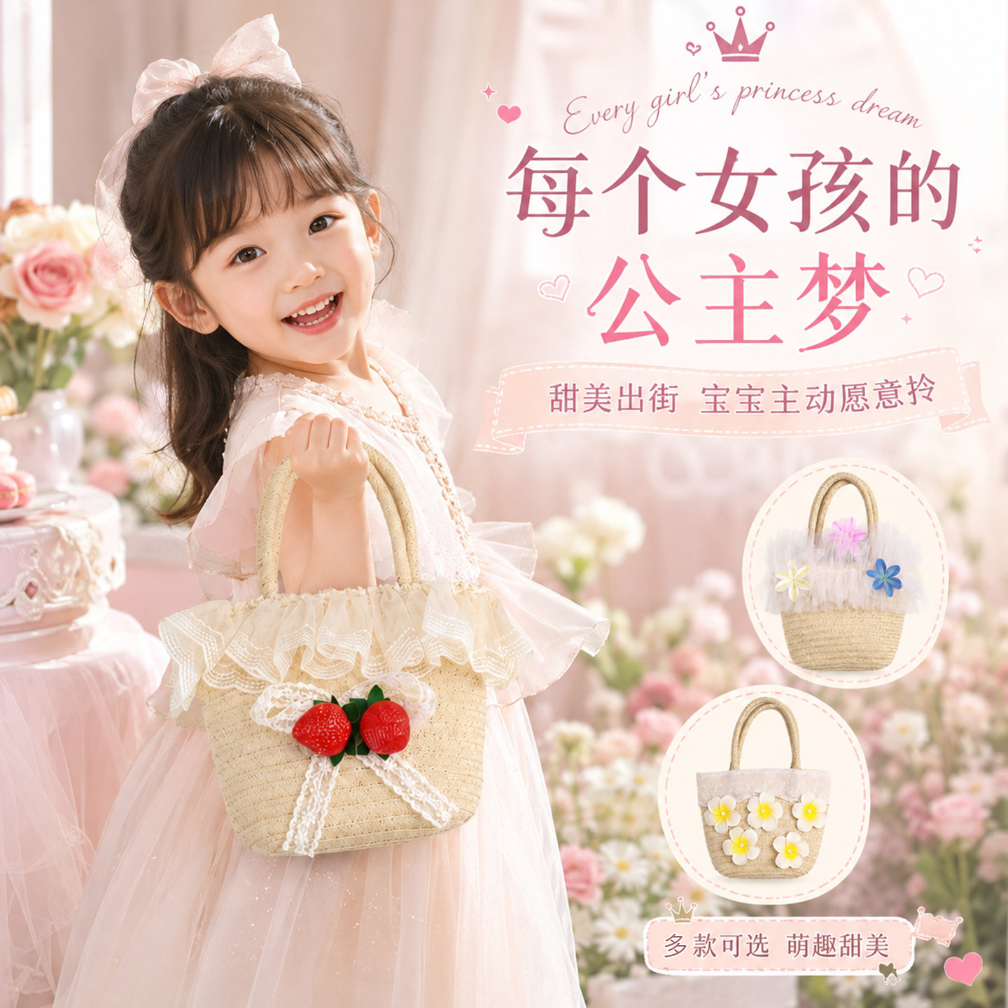 儿童草编手提包草帽女童公主风蕾丝花边小包包帽子宝宝编织手拎包