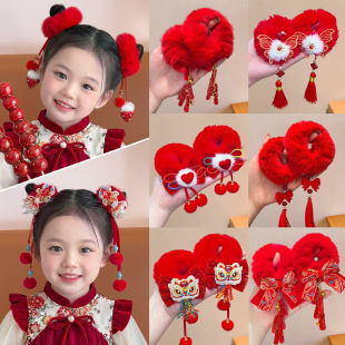 儿童新年红色毛绒发圈2026新款古风汉服发饰女童过年拜年发绳头饰