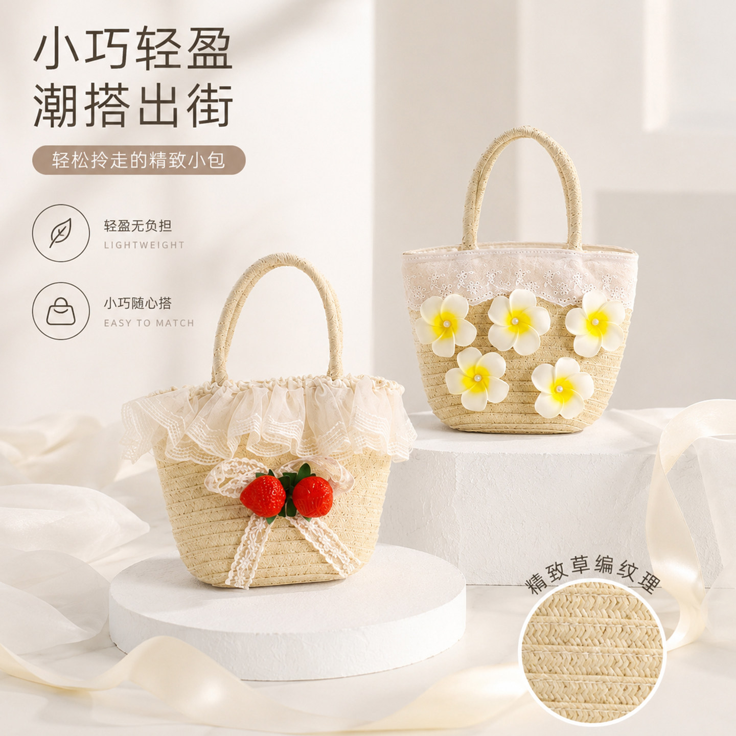女童小包包草帽儿童公主风蕾丝花边手拎包帽子套装宝宝草编手提包
