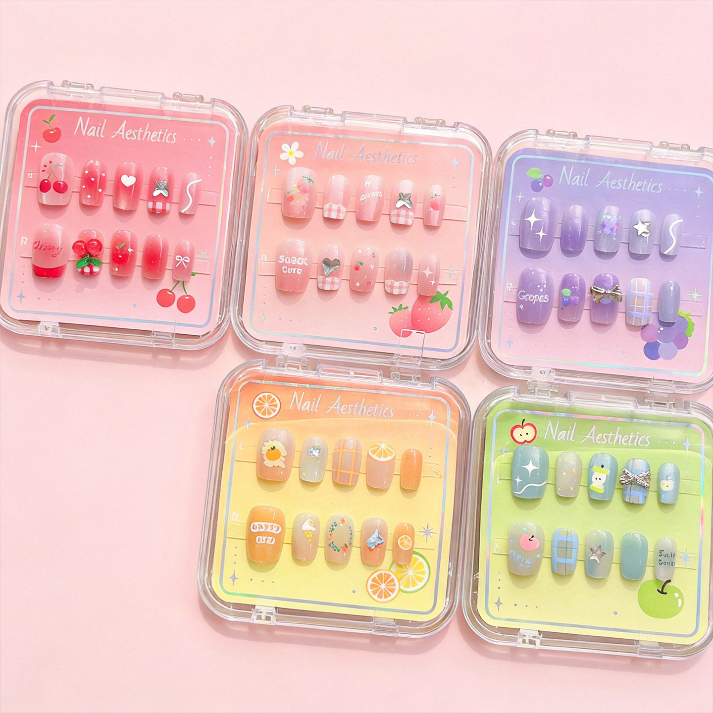 可爱儿童穿戴甲水果图案指甲贴片套装多色便携盒装美甲贴成品甲片