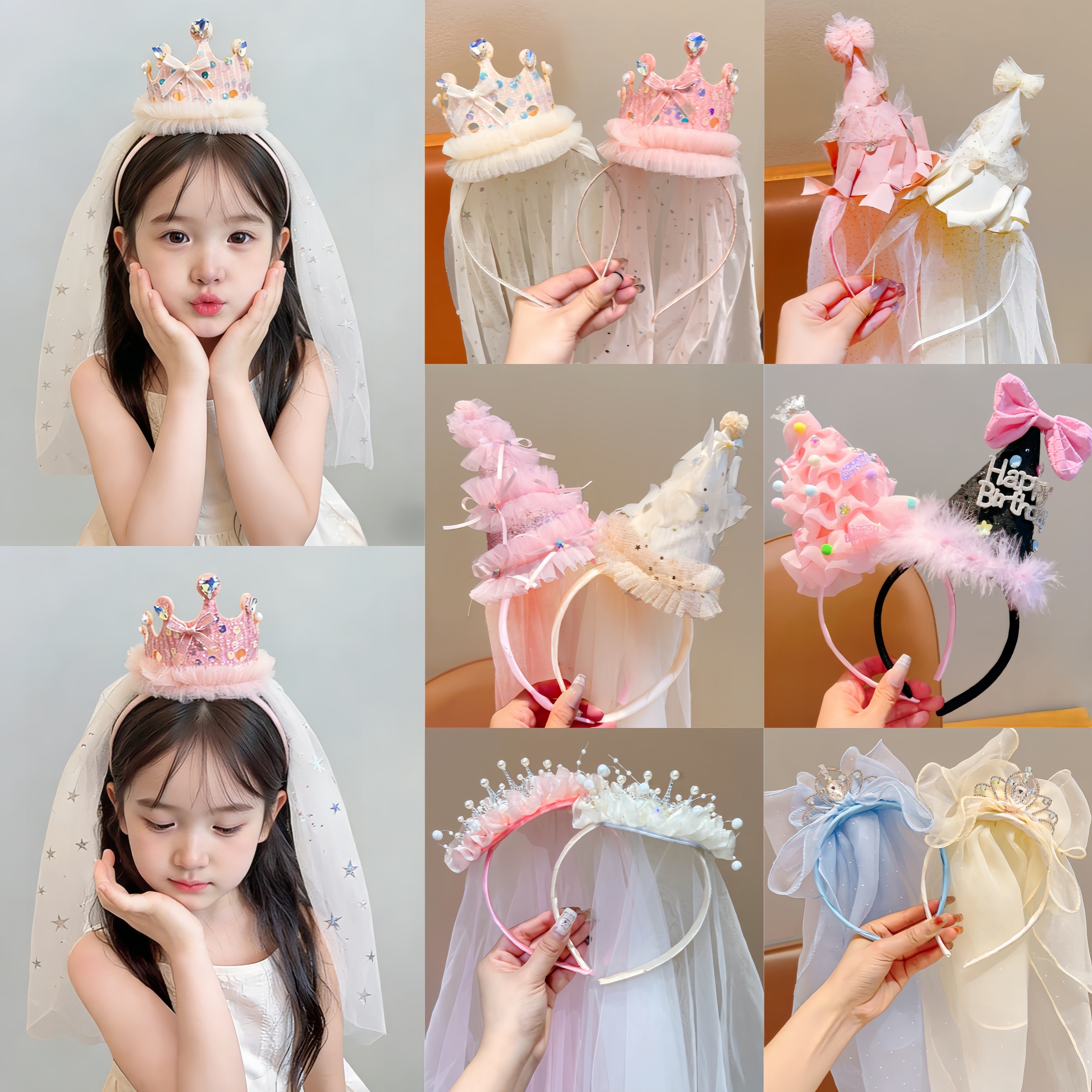 头纱帽子周岁发箍女童生日快乐仪式感小女孩儿童皇冠头饰公主发卡