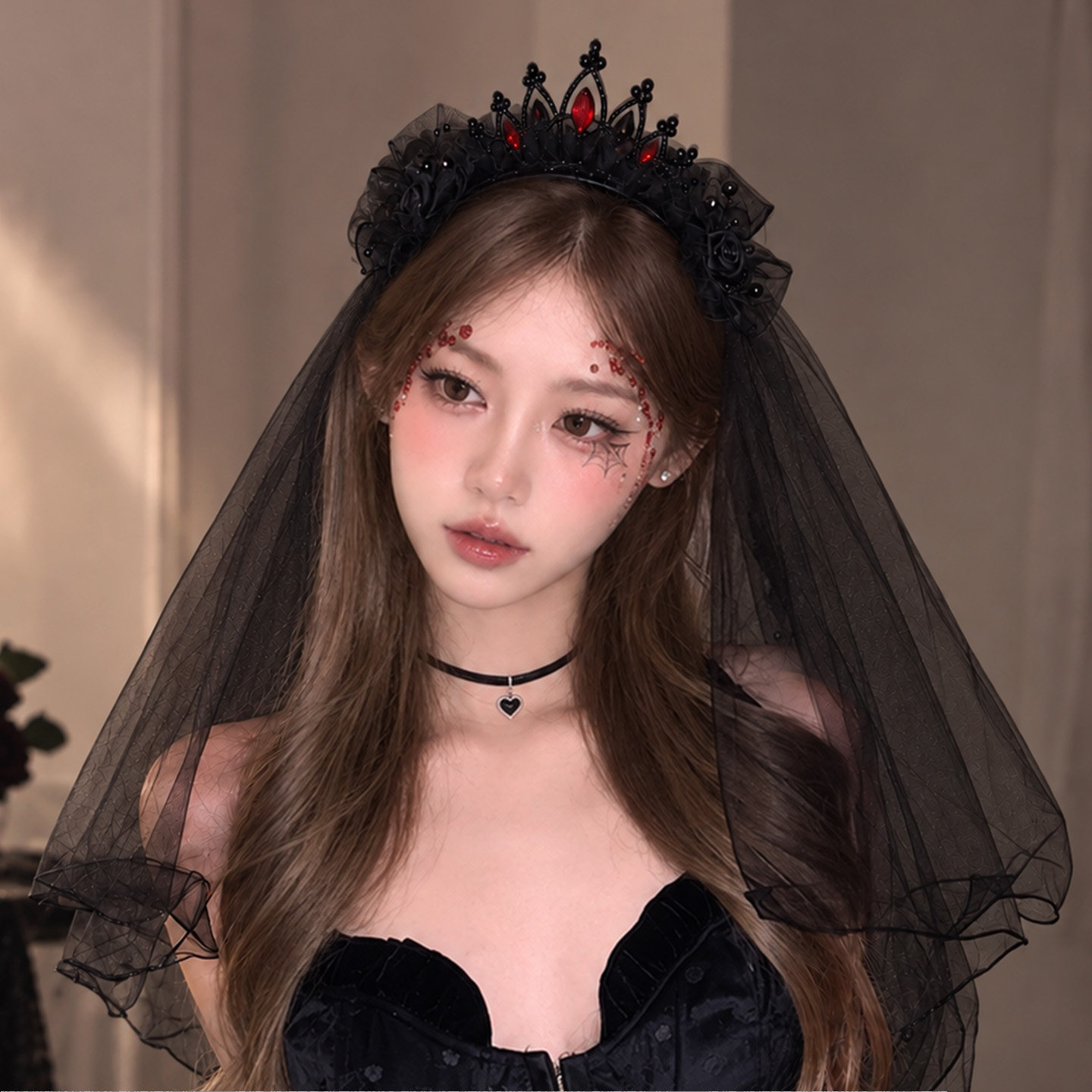 黑皇冠发箍女红宝石头纱网纱头箍万圣节派对发卡哥特cosplay 头饰