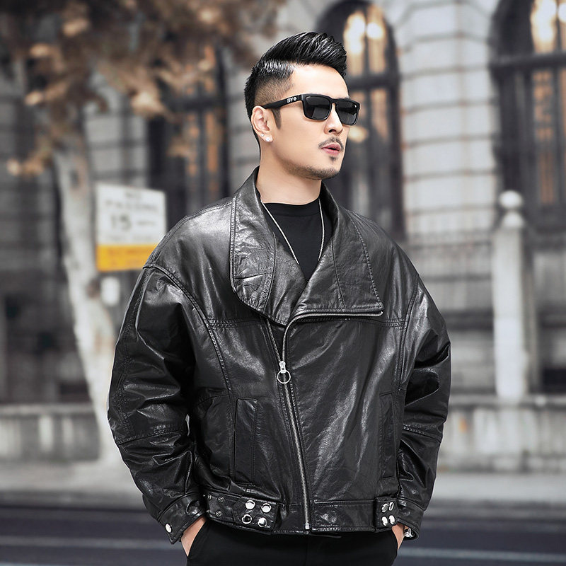 真皮皮衣男短款蝙蝠袖油蜡牛皮机车皮衣翻领铆钉春秋薄款宽松夹克