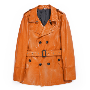 皮衣秋冬西装 修身 领外套 中长款 头层绵羊皮双排扣彩色真皮风衣男士