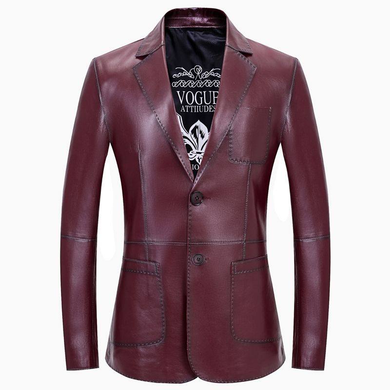 真皮西装男头层绵羊皮西装领春秋薄款皮衣酒红色修身商务休闲西服,男装,皮衣,淘宝优惠券,粉丝福利购,淘宝优惠卷