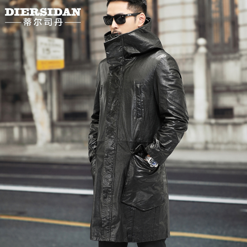 男油蜡牛皮长款连帽休闲真皮皮衣