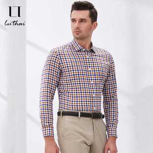 鲁泰男士修身微弹混纺面料精致格纹衬衣时尚长袖衬衫