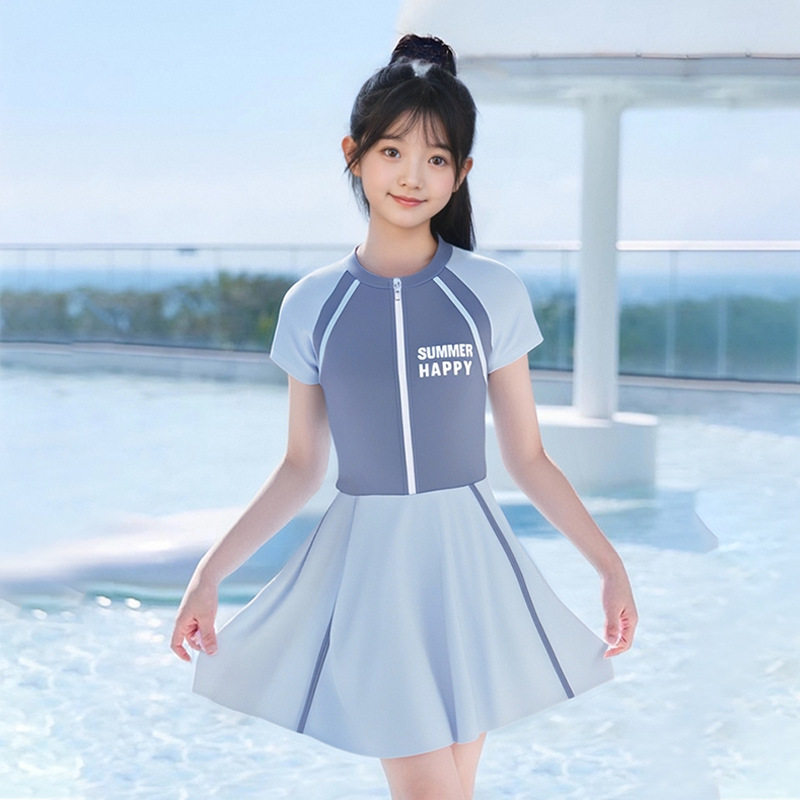 大童泳衣女连体公主裙式时尚平角女童中童游泳训练温泉泳装批发
